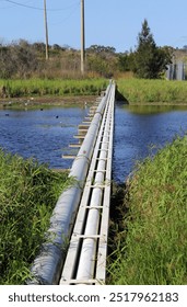 Large pipes running parallel across a river of water