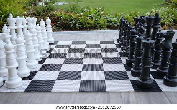 A large plastic chess set, divided by color, is placed\
in front of a building near the garden. For playing games or just\
for beauty. A giant black and white chess set is placed on a\
chessboard. 