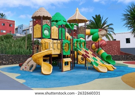 Large plastic play tower on the public playground Parque infantil El Cabo in Villa de Valverde, El Hierro, Canary Islands, Spain       