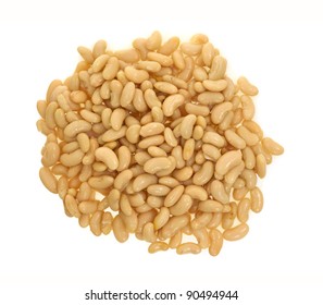 A Large Portion Of Cooked Cannellini Beans On A White Background.