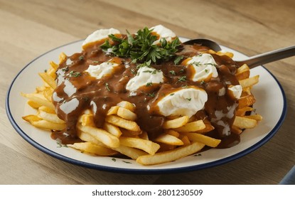 A large portion of poutine with crispy golden fries, rich brown gravy, and fresh white cheese curds, garnished with parsley, is presented on a round plate on a light wooden surface.