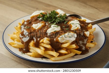 A large portion of poutine with crispy golden fries, rich brown gravy, and fresh white cheese curds, garnished with parsley, is presented on a round plate on a light wooden surface.
