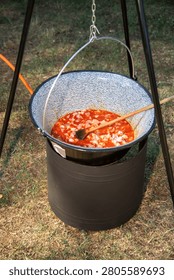 A large pot hangs over an open fire with food cooking inside. The scene is set in a rural area with grass underneath. A wooden spoon is used to stir the contents.