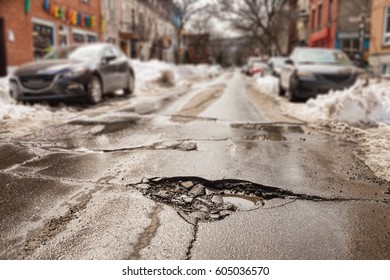 Large Pothole In Montreal, Canada.