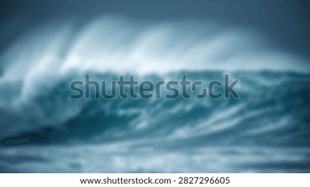 A large powerful wave crests and breaks in the deep blue ocean under dark stormy skies