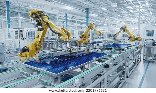 Large Production Line with\
Industrial Robot Arms at Modern Bright Factory. Solar Panels are\
being Assembled on Conveyor. Automated Manufacturing\
Facility