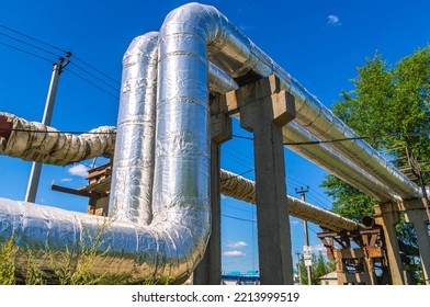 Large Production Pipe. Heat Supply Of Urban And Industrial Facilities. Production Of Thermal Energy. Centralized Heat Supply System For Heating In The Cold Period Of Time. Pipes Of Heating Networks.