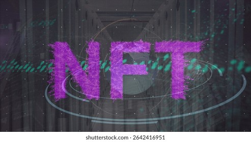 Large purple textured NFT letters floating in virtual corridor, with orbit rings and green pixels. Digital, futuristic, abstract, technology, innovation, cyber, immersive