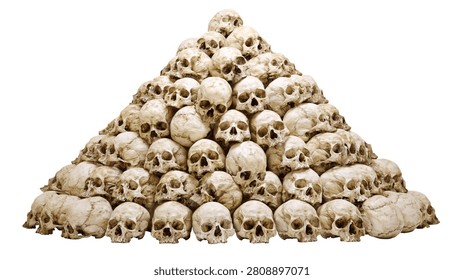Large pyramid stack of human skulls arranged in a triangular pile