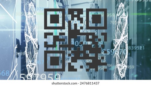 A large QR code is displayed prominently in front of server room, symbolizing cloud computing. Digital graphics and numbers overlay scene, emphasizing a high-tech environment - Powered by Shutterstock