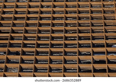 Large quantities of wire mesh are stacked together to prepare for use in road construction projects, large projects, heavy machinery, road construction, construction.