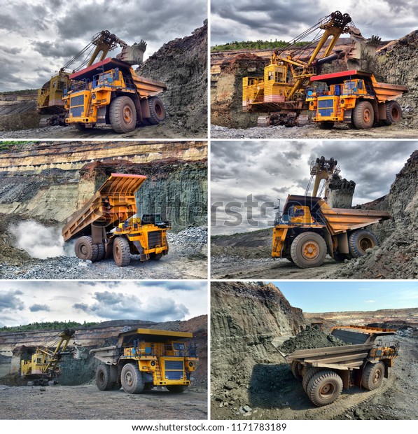 Large quarry dump truck.\
Loading the rock in the dumper. Loading coal into body work truck.\
Mining truck mining machinery, to transport coal from open-pit. Set\
image