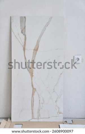 Large rectangular marble wall tiles measuring 120 by 60. On the background of a wall under daylight. High quality photo