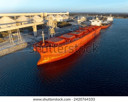 A large red bulk cargo ship docked at an industrial port facility, positioned beside a loading structure equipped with conveyor systems and tall storage silos used for transferring bulk materials. Sunlight highlights the ship’s hull, the machinery, and the surrounding industrial buildings, while another vessel sits moored behind it. The calm water and clear sky create a bright, detailed view of maritime transport infrastructure, showcasing the scale and complexity of global shipping and bulk material handling.
