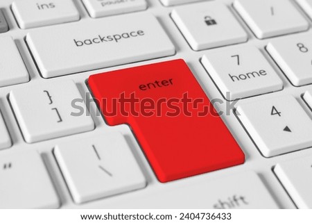 Large red Enter button on a white keyboard for web design, tech blogs, and software interfaces. Concept related to data entry, technology, and user interfaces.