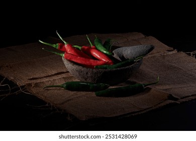 Large red and green chilies are ready to be ground in a stone mortar and pestle, mixed with shallots and garlic to make a spicy chili sauce which is characterized by the presence of thin smoke. - Powered by Shutterstock