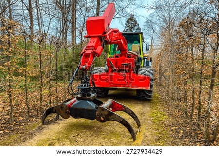 A large red machine moves on a dirt path between trees, preparing the area for landscaping or clearing tasks. Spring clearing of old tree branches from the forest