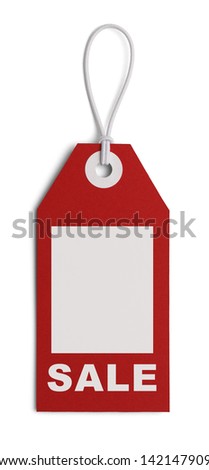 Large Red Sales Tag with Copy Space, Isolated on White Background.