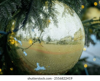 A large reflective golden Christmas ornament with raindrops hanging on a green fir tree branch, surrounded by festive lights and outdoor reflections. - Powered by Shutterstock