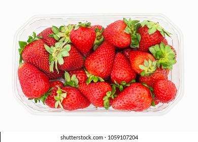 Large Ripe Strawberries From Shop, In Opened Plastic Box. Top View. Isolated On White Background. Superstore Ripe Strawberries For Sale, Overhead Shot. Strawberries From Supermarket In Container. 