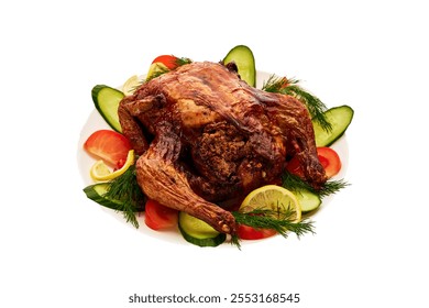 A large roasted chicken is surrounded by vegetables, including cucumbers and tomatoes. The dish is served on a white plate, and the presentation is elegant and appetizing - Powered by Shutterstock