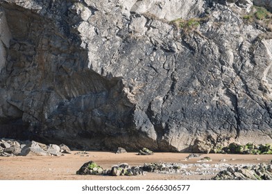 A large rock formation with a small patch of green grass growing on it. The rock is surrounded by a sandy beach