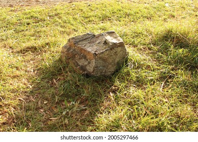 A large rock in a patch of grass