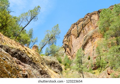 large rock pinnacles and trees at Pinnacles National Park