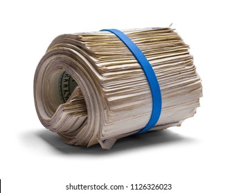 Large Roll Of Cash Money Isolated On White.