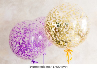 Large Round Balloons. Big Balls With Confetti