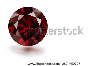 Large round garnet gemstone floating above a pristine white background, dramatic faceted structure illuminated with soft directional light, deep wine red brilliance