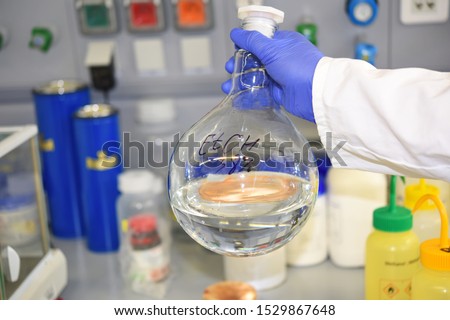 Large round-bottom flask flask with ethanol in the hands of an employee of the laboratory on the background of the working surface. Alcohol. Spirit.