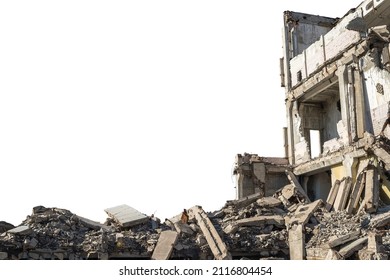 A large ruined building with a pile of construction debris and concrete debris isolated on a white background. The cut object.