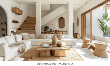 Large rustic design living room with wooden details and green plants - Powered by Shutterstock