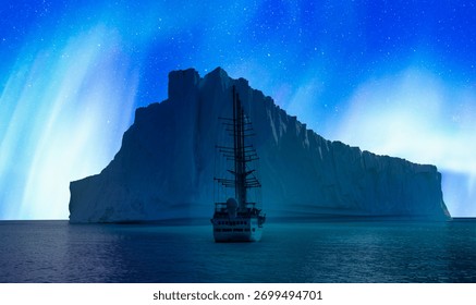 A large sailing ship navigating through icy waters, with towering icebergs in the distance, aurora borealis in the background - Greenland