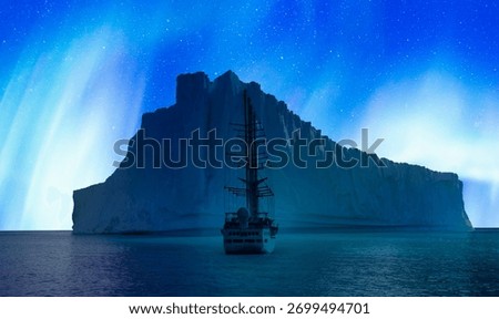 A large sailing ship navigating through icy waters, with towering icebergs in the distance, aurora borealis in the background - Greenland