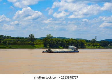 Large Sand Mining Boat Driving On The River Outdoors