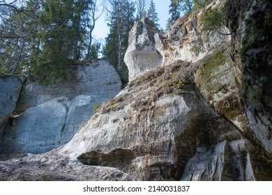 Large Sandstone Cliffs Of Sietiniezis On The Shore Of The River Gauja In Latvia. Tourist Nature Trail For Hiking With Wooden Stairs.