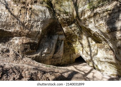 Large Sandstone Cliffs Of Sietiniezis On The Shore Of The River Gauja In Latvia. Tourist Nature Trail For Hiking With Wooden Stairs.