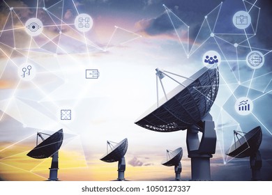 Large satellite dishes on abstract sky background with polygonal pattern. Astronomy and innovation concept. Double exposure 