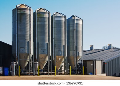 Large Scale Commercial Chicken Farm With Four Grain Storage Silos For The Storage Of Poultry Feed