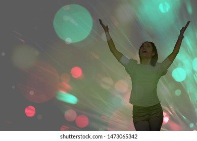 Large Screen Augmented Reality Experience - Woman Moving Hands In Front Of Display