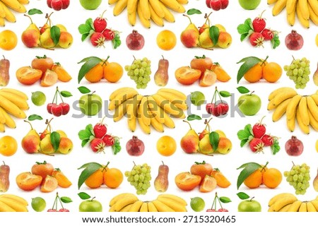 Large seamless pattern of mixed fruits including bananas, citrus, berries, apples and grapes are displayed on a white backdrop. The isolated studio setup provides clear detail and open copy space