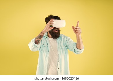 Large Selection Of Compatible Apps. Vr Concept. Buy Vr Device. Eye Tracking. Digital Future And Innovation. Developing Technologies. Testing Software. Bearded Man Yellow Background Vr Glasses.