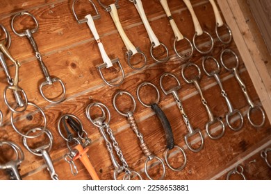 Large Selection of Metal and Rubber Horse Bits Nicely Organized on Hooks on the Tack Room Wall in Sport Barn. Equestrian Equipment Theme. - Shutterstock ID 2258653881