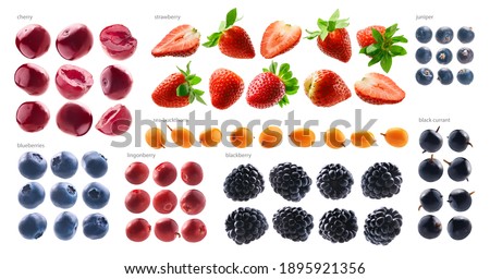 Large set of different berries on a white background