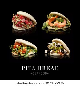 Large Set Of Four Tasty Pita Bread Pieces Filled With Seafood, Salmon, Tuna, Shrimp, Prawn And Vegetables. Isolated On Black Background. Text Space Web Banner