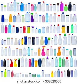 Large set of plastic bottles isolated on white - packaging and pollution concept