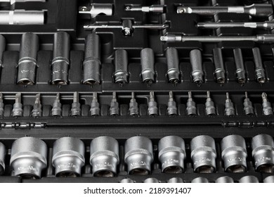 A Large Set Of Tools In A Black Box Close-up. Nozzles Of Different Sizes