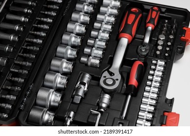 A Large Set Of Tools In A Black Box Close-up. Nozzles Of Different Sizes